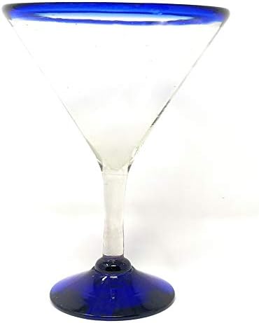 Mexican Hand Blown Glass – Set of 4 Hand Blown Modern Margarita Glasses - Blue Rim (12 oz)