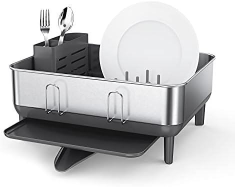 simplehuman Steel Frame Dishrack, Large Capacity Dish Drying Rack, 360º Easy Drain Swivel Spout, Utensil & Wine Glass Holder, Anti-Residue Coating