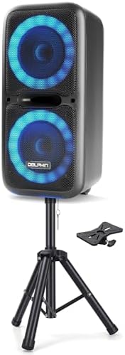 Dolphin SP-2120RBT Dual 12" Party Speaker with Stand Bundle – High-Power Bluetooth Speaker with Sound-Activated Lights & Adjustable ST-200 Stand