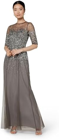 Adrianna Papell Women's Beaded Illusion Dress | Long Sequin Evening Dress with Fitted Bodice & Tulle Skirt Overlay