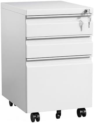 3-Drawer Mobile Steel Filing Cabinet with Lock, Fully Assembled Under Desk File Cabinet for Letter/Legal/A4 Size, Heavy Duty Storage Organizer for Home Office