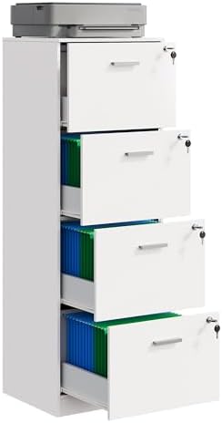 DEVAISE 3 Drawer Wood File Cabinet with Lock, Fits Letter and A4 Size | Wooden Tall Vertical Filing Cabinet, Home Office Printer Stand, Easy Assembly, White