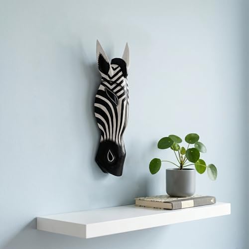 G6 COLLECTION Wooden Tribal Zebra Mask Black White Stripe Hand Carved Wall Plaque Hanging Home Decor Accent Art Unique Sculpture Decoration Handmade Handcrafted Decorative Zebra Black White (20" Tall)