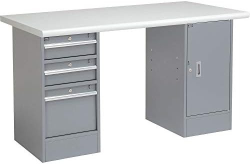 Global Industrial Pedestal Workbench, 3 Drawers & 1 Cabinet, Gray Pedestal