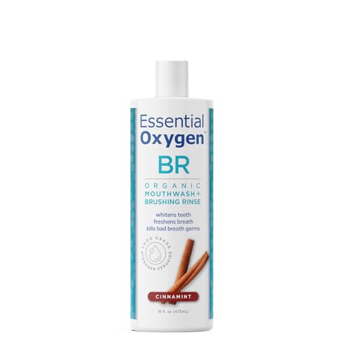 Essential Oxygen Certified BR Organic Brushing Rinse, All Natural Mouthwash for Whiter Teeth, Fresher Breath, and Happier Gums, Alcohol-Free Oral Care, Peppermint, 16 Ounce, Package may vary