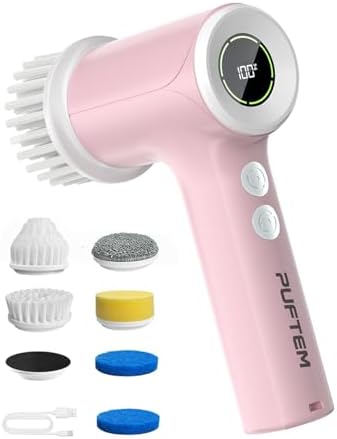 PUFTEM Electric Shower Scrubber, Cordless Bathroom Scrubber, Dual Direction | Dual Direction Cleaning, 6 Replaceable Brush Heads, IPX7 Waterproof