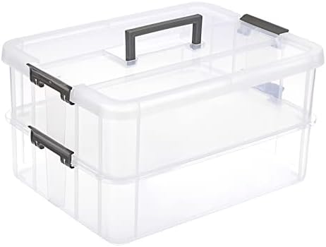 JUXYES 2-Tiers Plastic Stack Carry Storage Containers Box wih Handle Lids
