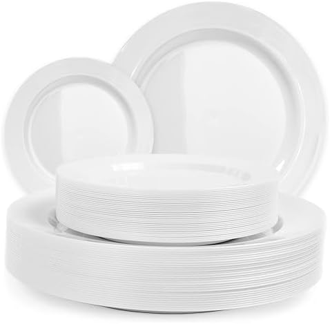 Aya's 60ct Square Plastic Disposable Plates, White - 9.5-Inch 30 Dinner and 6.5-Inch 30 Salad Plates for Party - Heavy-Duty Hard Plastic Design for Wedding, Event, Christmas, and Thanksgiving