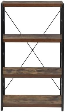 Benjara Four Tiered Metal Framed Wooden Bookshelf, Brown and Black
