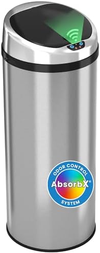 iTouchless 13 Gallon Touchless Sensor Kitchen Trash Can with Odor Control System, Brushed Stainless Steel, Round Garbage Bin for Home or Office - IT13RCB