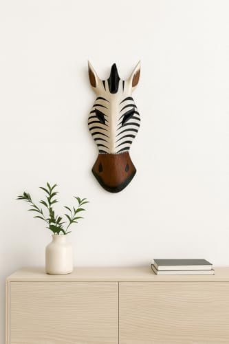 OMA African Zebra Wall Mask – Hand Carved Wooden Safari Wall Decor Art – Tribal Jungle Accent for Living Room