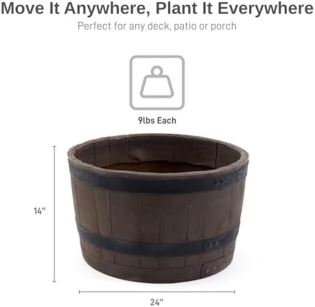 RTS Companies Home Accents 24" Whiskey Barrel Planter, Durable Polyethylene Indoor/Outdoor Flower Pot, Weather-Resistant Plastic Garden Planter, Black, 1-Pack