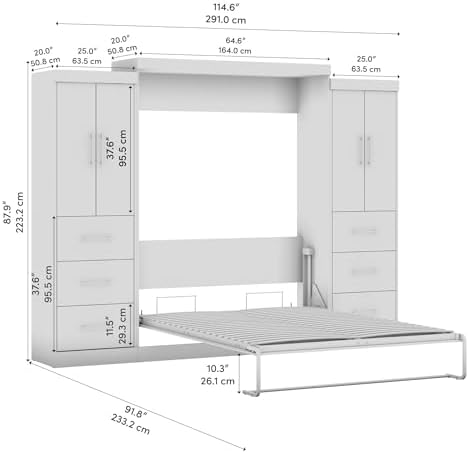 Bestar Nebula Queen Murphy Bed with 2 Wardrobes (115W) in White, Sleeping Arrangement and Closet Organizers for Multipurpose Room | 2 Wardrobes; supports up to 1000 lb; min. ceiling height 91.1 in.; dual piston mechanism; 10-year warranty