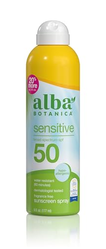 Alba Botanica Sensitive Sunscreen Spray for Face and Body, Fragrance-Free, Broad Spectrum SPF 50, Water Resistant, 5 fl. oz. Bottle