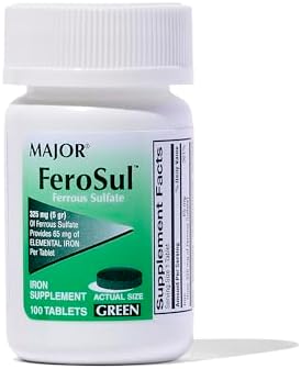 Major Ferosul - Ferrous Sulfate 325mg Tablets with 65mg of Elemental Iron - Iron Supplement for Women, Men - Green - 100 Count (3 Pack)