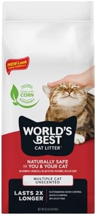 World's Best Cat Litter, Multiple Cat, Unscented, Lasts 2X Longer, 8 lb Bag | Controls tough multi-cat odors and lasts 2x longer; natural corn litter, quick clumping, flushable, 99% dust free