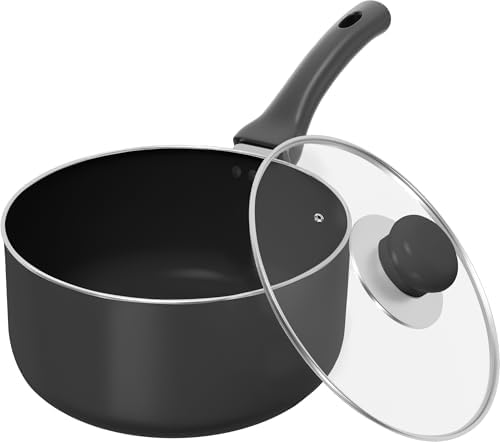 Utopia Kitchen Saucepan 2 QT Detachable Handle with Lid Grey Black | Glass Lid, Multipurpose Use, Home Kitchen and Restaurant, Nonstick Coating, Durable