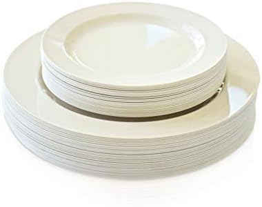 OCCASIONS 50 Ivory Disposable Plastic Plates for 25 Guests (Plain Ivory) | Heavy Duty Fancy Wedding Party Dinner & Salad/Dessert Set, 25x10.5" + 25x7.5", China-Like Look, BPA Free & Recyclable