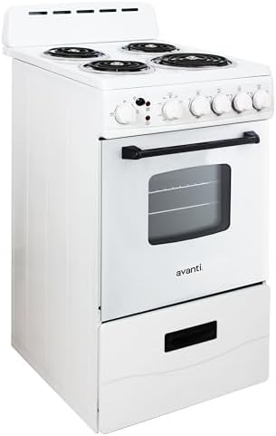 Avanti Electric Range Oven Compact Design, 2.1-Cu.Ft. Capacity with 4 Coil Burners, Framed Glass Oven Door, Storage Drawer and Broiler with Pan, 20-Inch, White