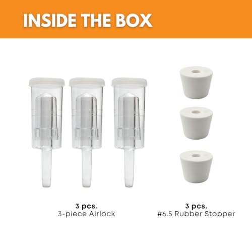Fastrack 3 Piece Airlock for Fermentation Hydrolocks for Fermenting Wine and Beer with Drilled Rubber Stopper Durable Carboy Bung with transparent