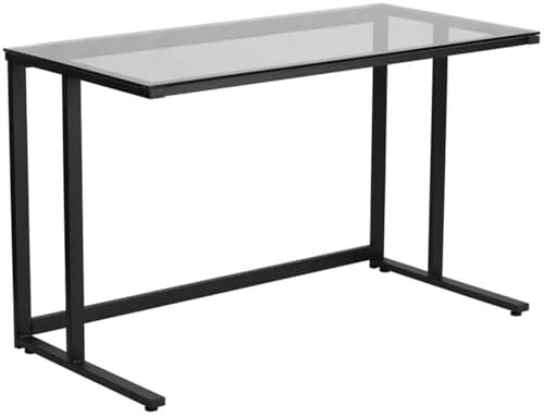 Flash Furniture Singleton Glass Desk with Black Pedestal Metal Frame | Tempered Glass Surface, Powder Coated Metal Frame