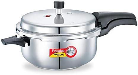 Prestige 5L Alpha Deluxe Induction Base Stainless Steel Deep Pressure Pan, 5.0-Liter, Silver