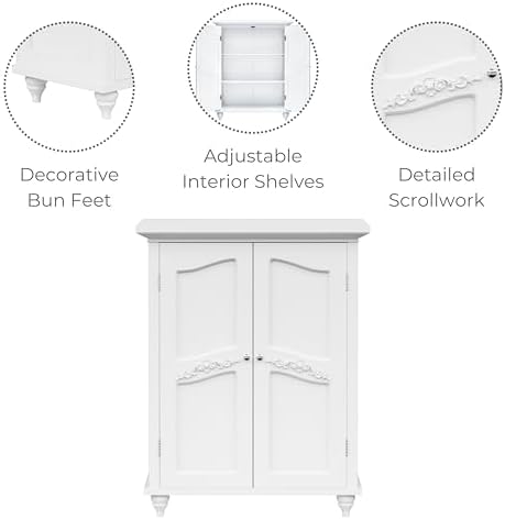Teamson Home Versailles Wooden Freestanding Floor Storage Cabinet with 2 Adjustable Interior Shelves 3 Storage Spaces and 2 Floral Scroll Doors, White