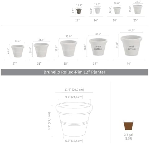 Crescent Garden Brunello Classic Gray Rolled Rim Planter Pot, Lightweight Indoor/Outdoor Weather-Safe Round Plant Pot, 27''W (Weathered Concrete)