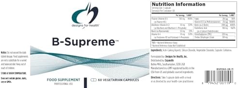 Designs for Health Vitamin B Supreme - B Complex Vitamins for Metabolism, Energy Support + Heart Health - Folate, Vitamin B12, Niacin, Biotin, Vitamin B6 + Thiamine B1 Supplement (60 Vegan Capsules)