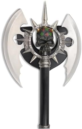 BladesUSA – Fantasy Axe – Full Size Fantasy Medieval Battle Axe, Dual Blades and 11 Steel Spikes Around Center Skull. Wire Wrapped Handle