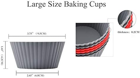 12 Pack Reusable Nonstick Jumbo Silicone Baking Cups, Cupcake and Muffin Liners, 3.8 Inch Large Size, Red and Gray Colors, Round
