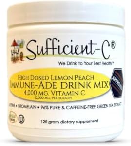 Sufficient-C High Dose Non-GMO Vitamin C Lemon Peach Immune-Ade Drink Mix, Convenient 125 Gram Size w/L-lysine