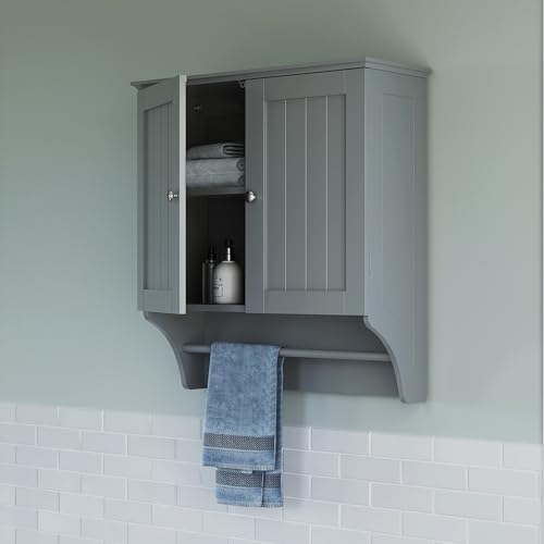 RiverRidge Ashland Collection Two-Door Wall, Gray Cabinet, Grey | Space-Saving Bath Storage Cabinet, Pine Wood Towel Rack, Painted MDF Shelf
