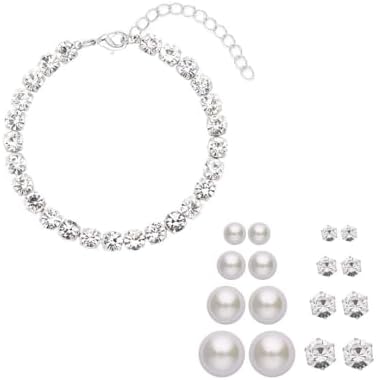 9pcs Set Shell Pearl Crystal Mix Steel Stud Earrings Bracelet Set