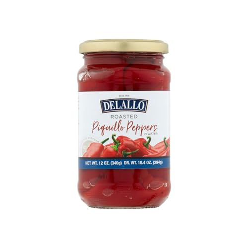 DeLallo Roasted Piquillo Peppers, 12 oz. Jar, (12 Pack), All Natural, Gluten Free, Ready-To-Use, Vegan, Kosher, Sweet Smoky Flavor Red Peppers