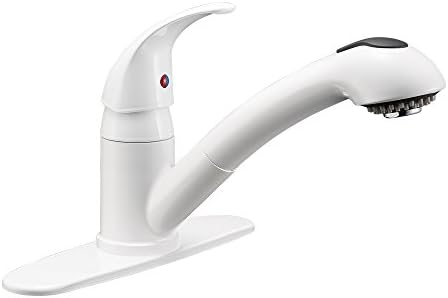Dura Faucet DF-NMK852-WT RV Pull-Out Swivel Kitchen Sink Faucet (White) | One-hole, single-handle design with smooth lever control for galley cleanup. Easy DIY install with common hand tools.