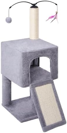 32" Cat Tree for Indoor Cats, 2-in-1 Cat House with Sisal Scratching Post & Ramp, 2-Level Cat Tower with Rotatable Feather & Ball Toys, Stable Grey Cat Condo for Small/Medium Cats, Grey