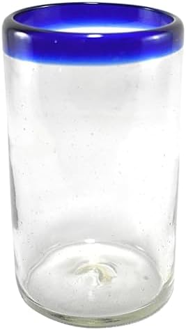 MAREY Hand Blown Drinking Glasses Artisan Crafted from Mexico Set of 6 pieces (Cobalt Blue Rim, Water 16 Oz.)