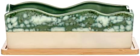 MyGift Beige Green Ceramic Glazed Rectangular Succulent Planter Pot