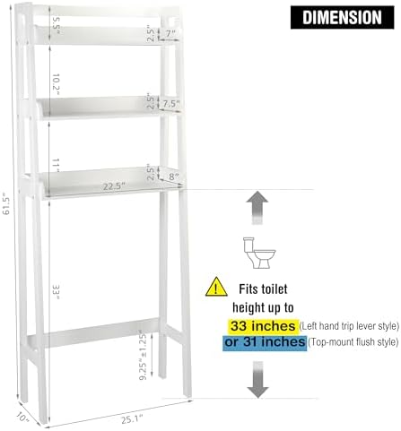 UTEX Over The Toilet Storage Shelf, 3-Tier Bathroom Organizer, White | FSC-Certified MDF, Open Ladder Design, Adjustable Lower Crossbar, Anti-tip Hardware, 33-Inch Clearance, Raised Side Guards