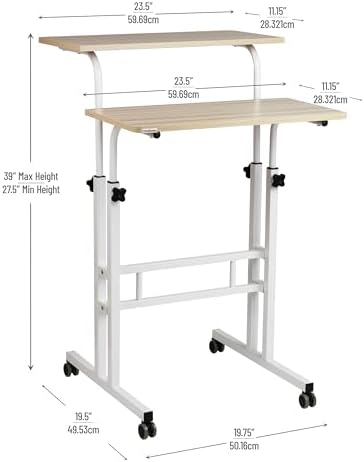 Mind Reader Standing Desk, Adjustable Height Laptop Workstation, Portable Rolling Desk on Wheels, Two-Tier Metal Frame, Black