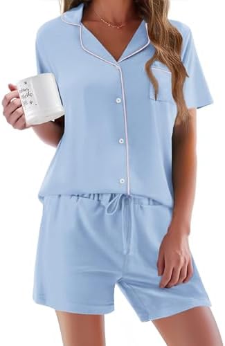 Ekouaer Pajamas Set for Women Short Sleeve Sleepwear Button Down Pj XS-XXXL | Summer 2 Piece Lounge Set, Soft Fabric, Drawstring Waistband, for Bridesmaid Bride Party, Plus Size, Petite, Cute Pattern