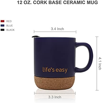 Life's Easy 12 oz Coffee Mug with Insulated Cork Bottom and Push-On Splash-Proof Lid - Black