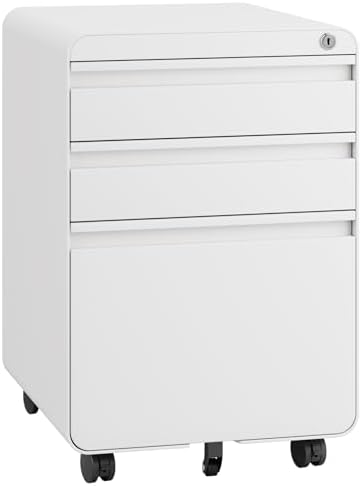 Dripex 3 Drawer Metal Rolling File Cabinet Under Desk Filing Cabinet White | 16"W x 18"D x 24"H, Lockable, 5 Wheels, Fully Assembled