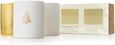 Thymes Frasier Fir Votive Candles - Gilded Collection - Crisp Just-Cut Forest Fragrance - Set of Three Holiday Candles - Wood Grain, Gold