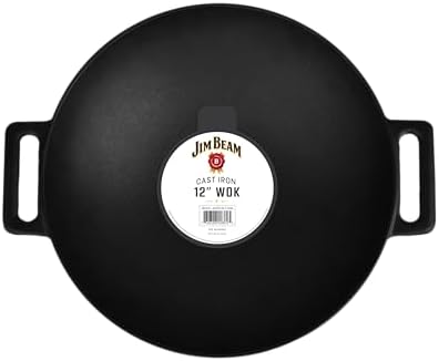 Jim Beam 12'' Pre Seasoned Heavy Duty Construction Cast Iron Grilling Wok, Griddle and Stir Fry Pan