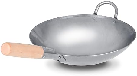Craft Wok Traditional Hand Hammered Chinese Carbon Steel Wok with Wooden and Steel Helper Handle (14 Inch, Round Bottom Pow Wok Pan) / 731W88