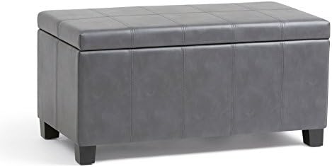 SIMPLIHOME Dover 36" Wide Vegan Leather Storage Ottoman in Midnight Black | Distressed umber brown, contemporary ottoman with lift-top and safety hinges; rectangle storage bench for living room.