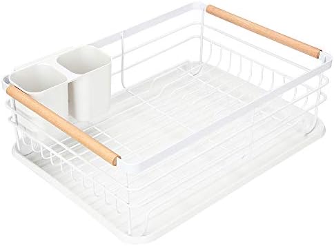 Dish Drying Rack with Wood Handle, Drain Board, White