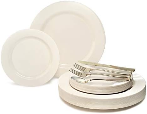 OCCASIONS 50 Ivory Disposable Plastic Plates for 25 Guests (Plain Ivory) | Heavy Duty Fancy Wedding Party Dinner & Salad/Dessert Set, 25x10.5" + 25x7.5", China-Like Look, BPA Free & Recyclable